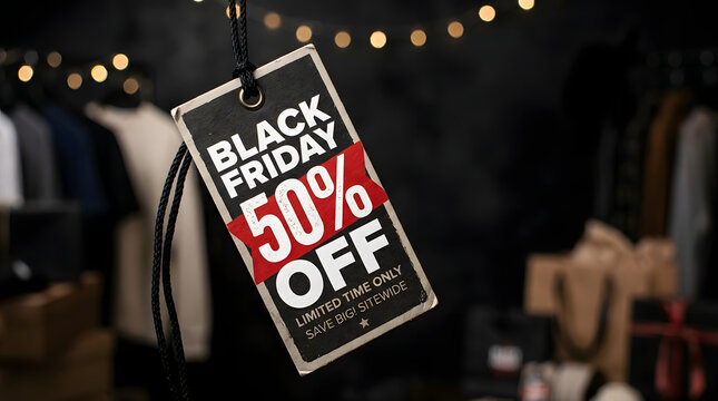 Black Friday sale tag showing 50% off discount in retail shop  