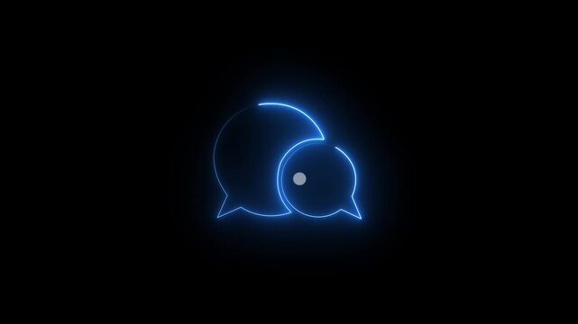 Neon chat bubble icon glowing red and blue  message symbol with dots on dark background. Glowing, neon red and blue color bubble message box icon animation sign symbol on black background