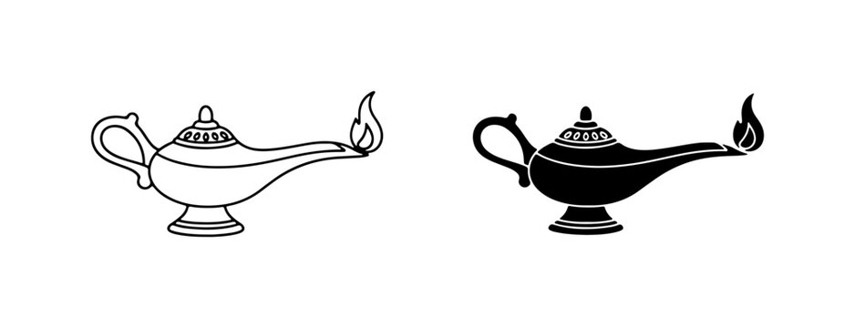 Aladdin Lamp Vector Icons, Magic Genie Lamp Silhouette, Vintage Oil Lamp Graphics