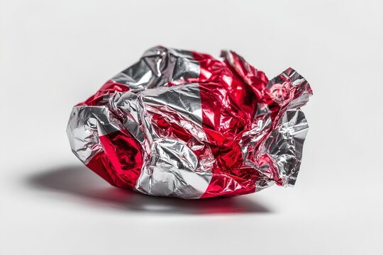 A crumpled red and silver candy wrapper lies on a white surface, casting a subtle shadow