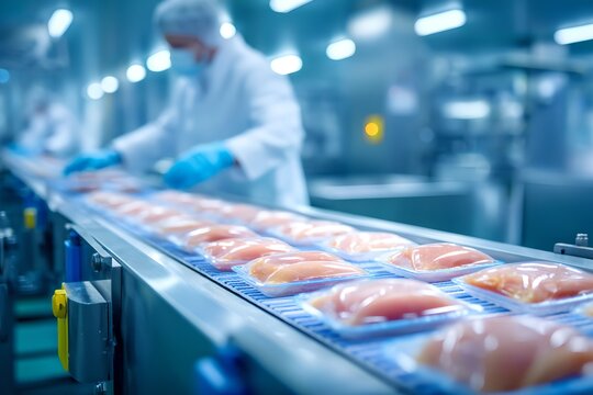 Food processing in a clean, modern facility with packaged chicken breasts moving along a conveyor belt, overseen by a worker in protective gear