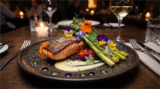 Grilled salmon fillet with asparagus. Gourmet seafood dish served in a fine dining restaurant.
