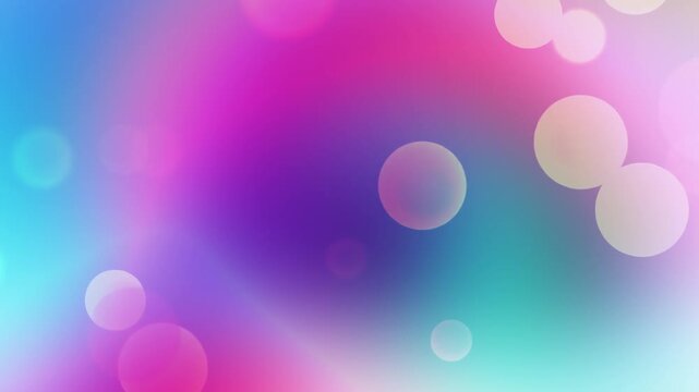 Deep blue, royal purple, and warm peach pink fluid gradient motion loop with large floating translucent bokeh spheres for luxury background overlay