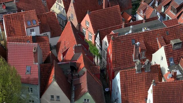 Schnoor quarter in Bremen, Germany, old town street in downtown Bremen, UNESCO World Heritage, Aerial View in a daytime.