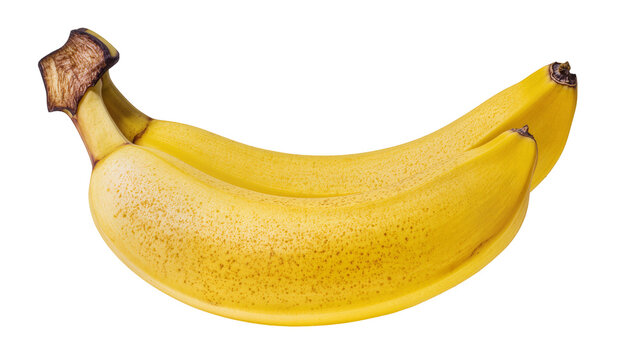 Two ripe yellow bananas with brown speckles, isolated on transparent background