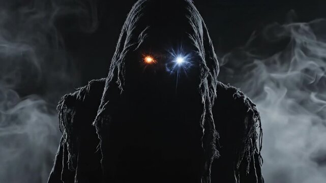 Mysterious Hooded Figure with Orange and Blue Glowing Eyes Emerging From Thick Smoke