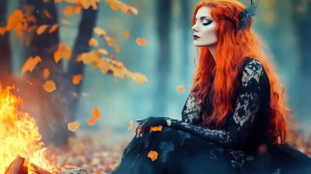 Mysterious woman with fiery red hair sits by a campfire in an autumn forest