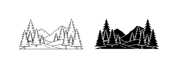 Fototapeta premium Mountain Landscape Vector Icons, Pine Trees, Nature Scenery, Outdoor Adventure, Black and White Graphics