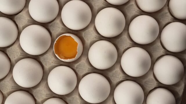 Top view of Broken chicken egg with raw yolk in eggshell inside big cardboard carton
