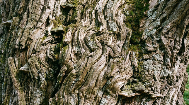Texture 142 Close-up of Swirling Tree Bark Texture with Moss and Mushrooms（苔やキノコが生えたうねりのある樹皮のクローズアップ）