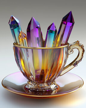 Glowing magic crystals in a coffee cup fantasy illustration