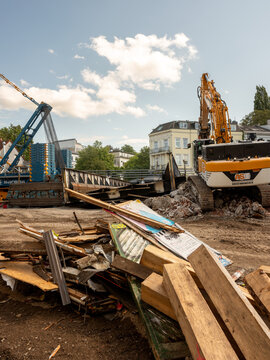 Hamburg, Germany - 07272026: A large cut section of the former Sternbr&uuml;cke railway bridge rests on the intersection at Max-Brauer-Allee in Hamburg, Germany, following demolition.