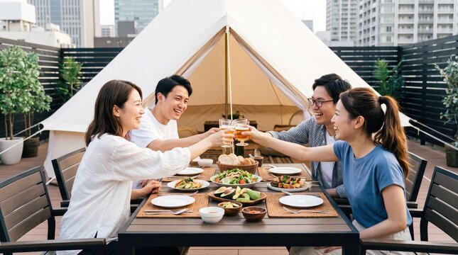 Group of happy young Asian friends enjoying rooftop glamping party with food and beer toast sitting at table outside under tent with city view during daytime summer vacation lifestyle