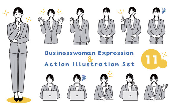 スーツ姿の女性会社員の表情・ポーズバリエーション11種類セットのコレクションバナー