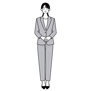 手を前で組み立つ穏やかな表情のスーツ姿の女性の全身イラスト
