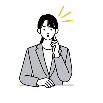 頬に手を当て驚く表情をするスーツ姿の女性のバストアップイラスト