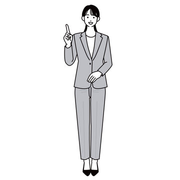 人差し指を立てて説明するスーツ姿の女性の全身イラスト