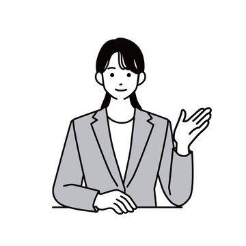 手のひらを見せながら説明・提案するスーツ姿の女性のバストアップイラスト