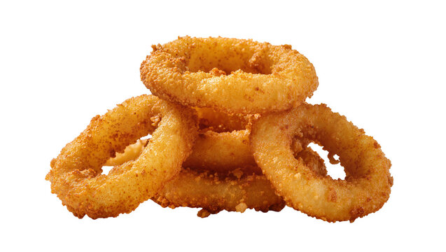 Golden crispy fried onion rings stacked, isolated on transparent background