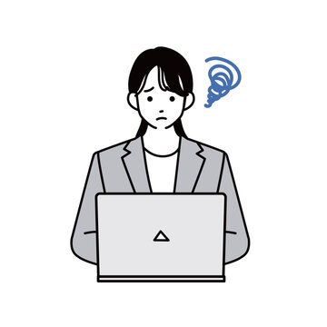 パソコンの前で耳に手を当て困惑するスーツ姿の女性のバストアップイラスト