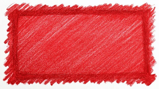 Red crayon border child drawing frame simple uneven outline strokes on white background with visible wax lines, naive hand drawn style for playful creative design, kids art template concept