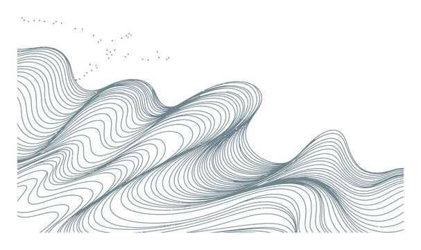 Minimalista abstracto de olas oce&aacute;nicas fluidas y p&aacute;jaros