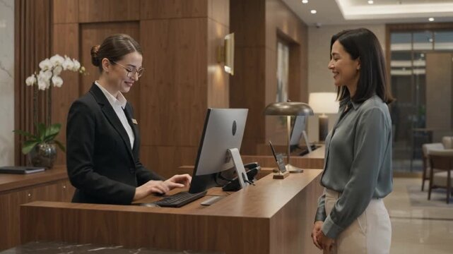 Professional female hotel receptionist welcoming a guest at the reception desk in a modern luxury hotel lobby