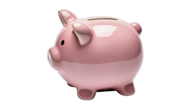 Pink ceramic piggy bank with slot for coins, isolated on transparent background