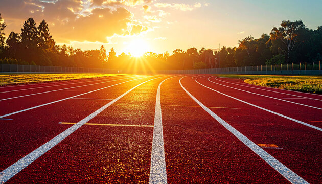 夕日に照らされた陸上競技場のトラック　輝く太陽と美しい空が広がるスポーツの練習場　ゴールを目指す走りをイメージさせる情熱的で開放感のある屋外グラウンドの風景写真　チラシやWebサイトのバナーに使用可能な広大な背景素材