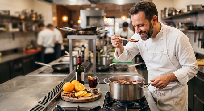 Chef man cooking mulled wine in restaurant kitchen. Professional cook preparing hot winter drink with orange and spices. Culinary master at work in canteen, food business concept.
