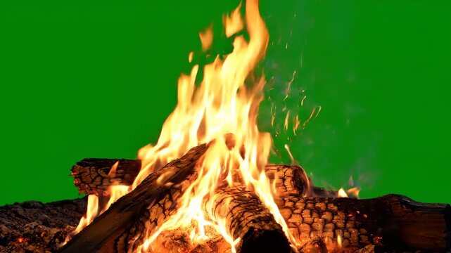 Vibrant campfire flames flickering and dancing against a solid chroma key green screen background for video compositing and editing