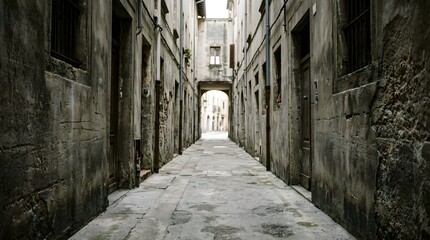 Fototapeta premium Narrow historic alleyway with stone walls and archway in old town.