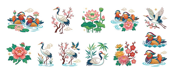 Fototapeta premium Elegant Crane and Duck Illustrations with Floral Motifs
