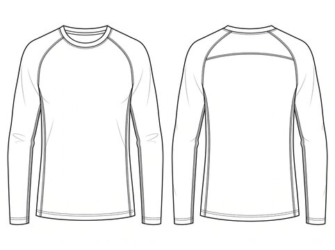 Men athletic raglan long sleeve shirt vector technical blueprint showcasing front and rear view with contrast seam accents