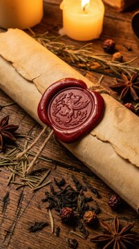 Crimson wax seal on a rolled parchment scroll