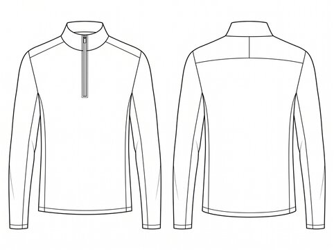 Men quarter zip pullover long sleeve athletic shirt technical fashion CAD drawing featuring stand collar and front zipper