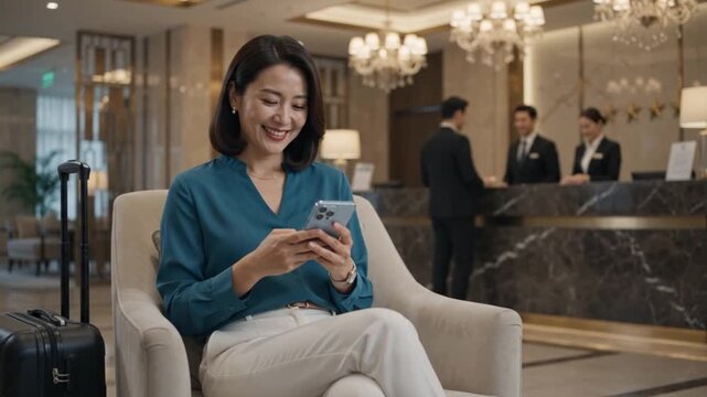 Professional woman relaxes in a luxury hotel lobby using her smartphone near the reception desk and luggage