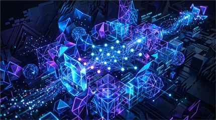 Naklejka premium Abstract digital network connection. Futuristic data flow with glowing neon geometric shapes.