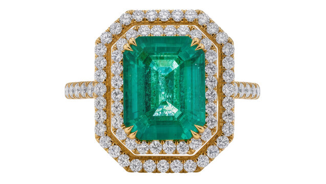 Octagonal emerald ring with diamond halo and gold band, isolated on transparent background