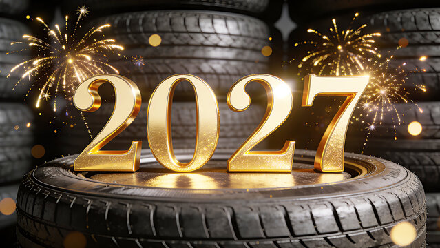 Festive concept for tire shops, car dealerships, and auto repair shops. Gold numbers 2027. New Year and Christmas, car dealerships, and auto repair shops, promotional campaigns