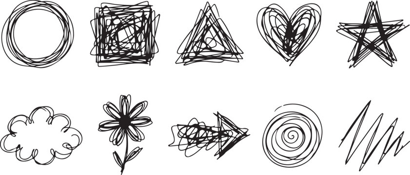Collection of simple hand drawn doodle shapes including circle square triangle heart star cloud flower arrow and spiral for creative graphic design elements.
