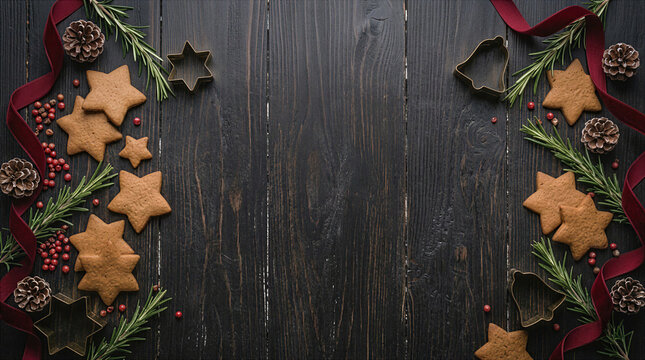 Festive Christmas banner with star gingerbread cookies and rosemary on rustic dark wood background
