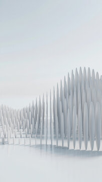 Abstract 3d rendering of vertical white elliptical fins in a wave pattern
