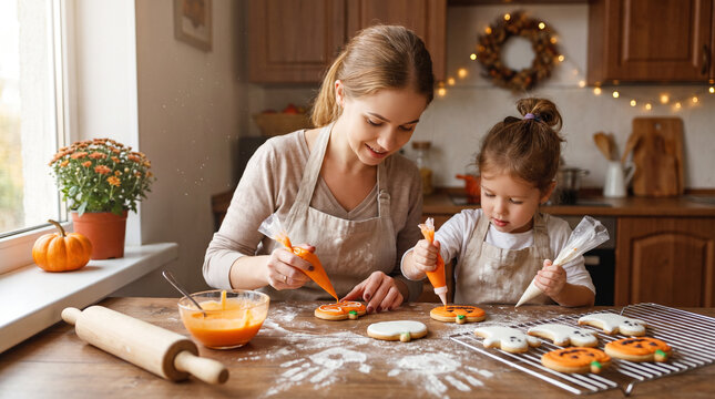 Happy mother and little daughter decorating Halloween pumpkin cookies with icing in cozy autumn cottagecore kitchen