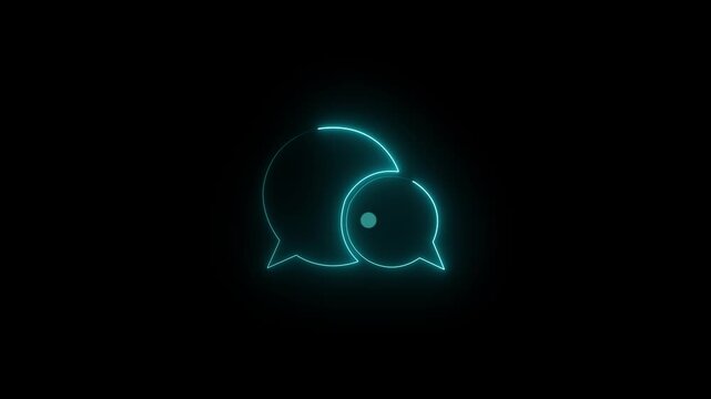 Neon chat bubble icon glowing red and blue  message symbol with dots on dark background. Glowing, neon red and blue color bubble message box icon animation sign symbol on black background