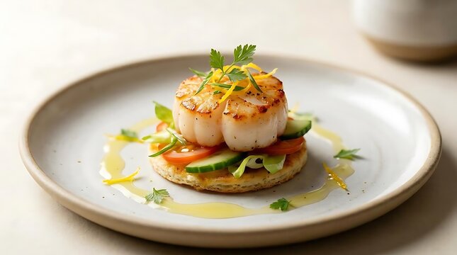 A perfectly seared jumbo scallop served on a delicate savory cracker base as an elegant ocean-themed appetizer for fine dining and gourmet seafood menus.