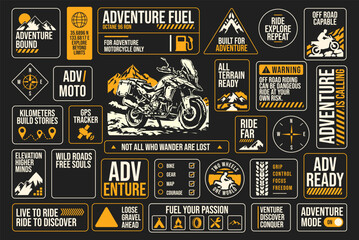 Naklejka premium Adventure Motorcycle Badge Set, Off Road Vector Icons with Mountain and Compass
