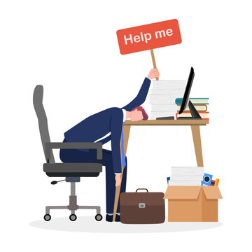A burnout businessman sits at a messy desk, overwhelmed by work and holding a HELP ME sign. Papers are flying around