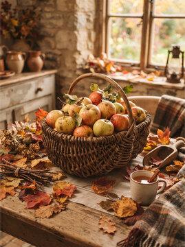 Fresh apples in a rustic wicker basket. Autumn harvest scene with seasonal fall foliage.