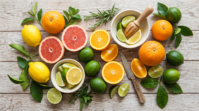 Fresh citrus fruits on wooden table. Assorted oranges, lemons and limes for healthy food.